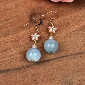 Aquamarin �reringe med blomst