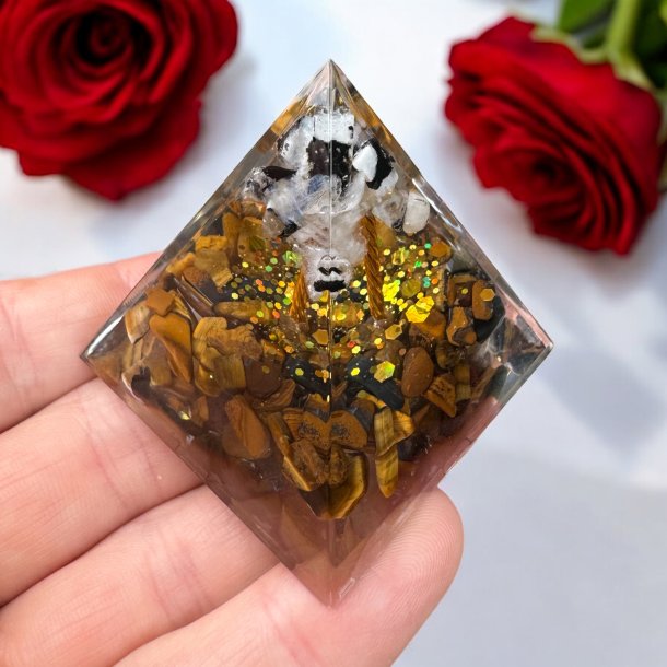 Orgone pyramide tigerje og turmalin kvarts