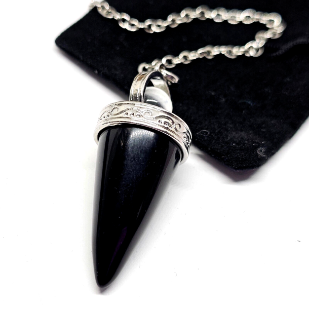 Kegleformet sort obsidian pendul med kugle