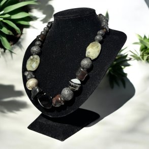 Lava halskde m. koral, agat og slvperle