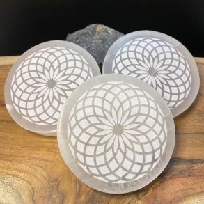 Rund Selenit plade med Mandala mnster