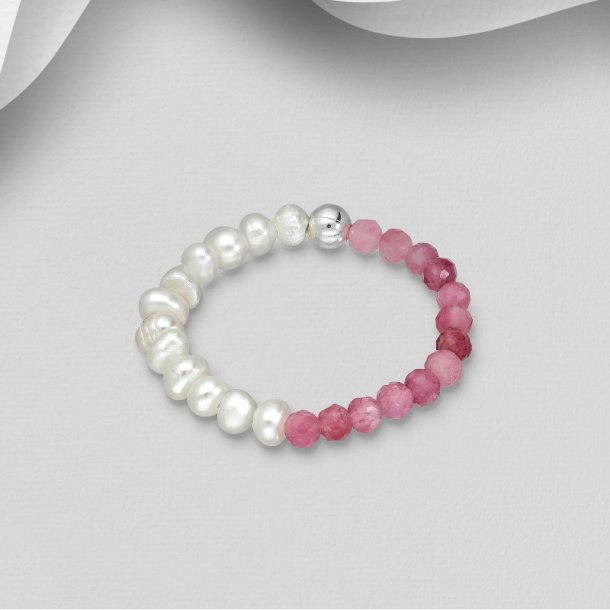 925 Sterling slv ring, med ferskvandsperler og pink turmalin